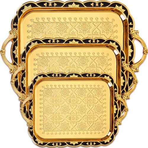 3 Pack Metal Serving Trays with Handles, Decorative Floral Platter Trays for Coffee Tea, Food, Dessert, Jewelry, for Buffet Wedding Party Kitchen Home Decor(Vintage,Black, Gold) - color: Black, Gold, style: Vintage