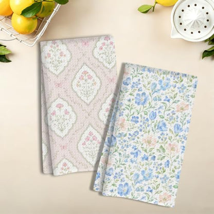 jeilink Blue Pink Floral Kitchen Towels, Set of 2 Dish Towels for Kitchen | Pastel Coquette Flower Soft Absorbent Decorative Tea Hand Towel for Home Dining Room Restaurant Cooking, 13.8 x 23.6 Inch