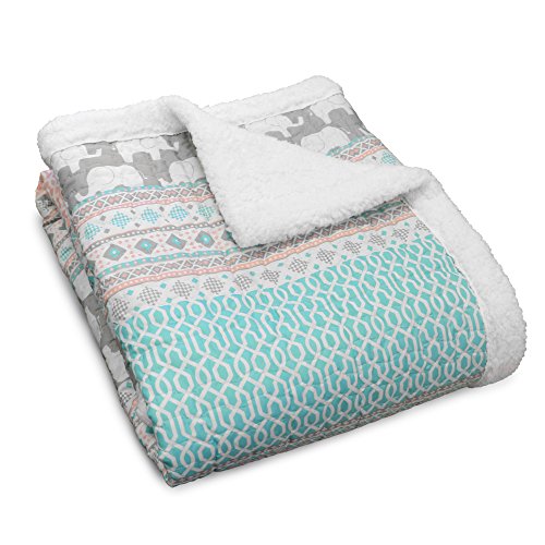 Lush Decor Elephant Stripe Fuzzy Reversible Sherpa Throw Blanket 60” x 50” Turquoise & Pink