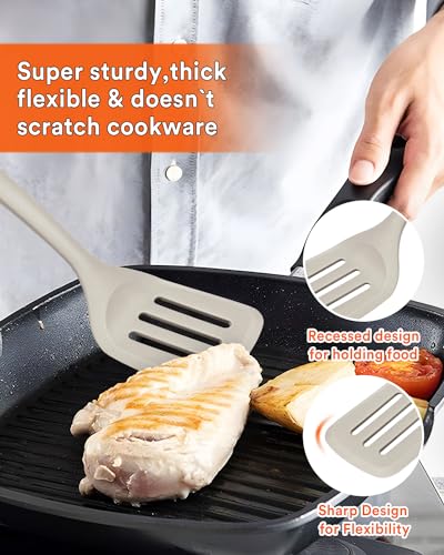 Kitchen Utensils Set, 13PCS Silicone Cooking Utensils, Heat Resistant Kitchen Utensil Spatula Set for Nonstick Cookware, Wooden Handles Kitchen Gadgets Tools Set - color: Khaki
