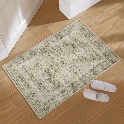 2x3 Washable Area Rugs for Entryway: Small Boho Rug Non Slip Door Mat Indoor Entrance Low Pile Soft Throw Rugs for Inside Front Door Floor Bedroom Bedside Kitchen Nursery Dorm Room Entry - color: Green, size: 2' x 3' (Rectangular)