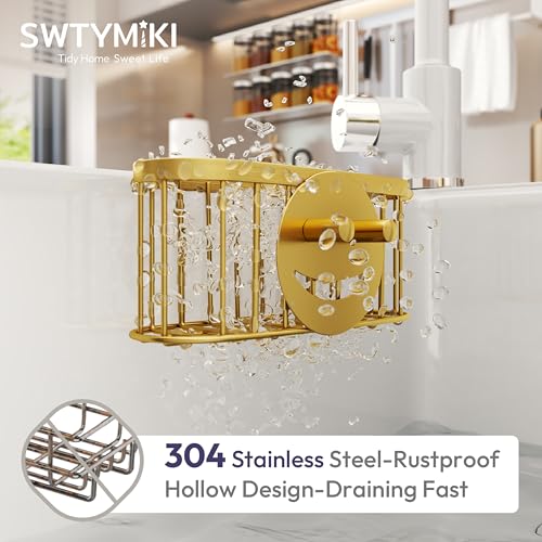 SWTYMIKI Sponge Holder for Kitchen Sink - Movable Sink Caddy with Smiley Face Sponge Holder, Rustproof Hanging Sponge Organizer in Double Bowl Sinks Depth>3.15in, Middle Divider<1.5in, Gold - color: Gold-smiley Sponge Holder