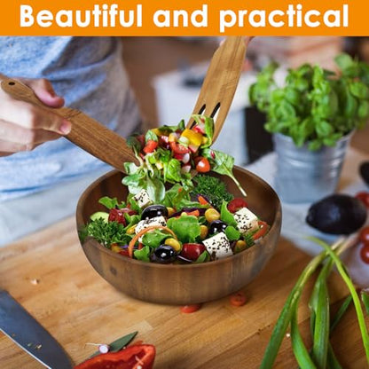 Wood Salad Bowl with Spatula and Fork, Round Serving Bowl, Large Mixing Bowls Set with Serving Utensils, Multi-functional Kitchen Serveware for Salads,Soups,Fruits,Snacks,Pasta
