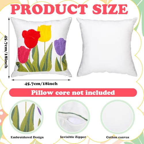 Hahafelt 2Pcs Spring Floral Embroidered Decorative Throw Pillow Covers 18"x 18" Tulip Flower Pillow Covers with Zipper Farmhouse Cushion Cases for Couch Bed Sofa Living Room Bedroom Decor Gift - style: Tulip
