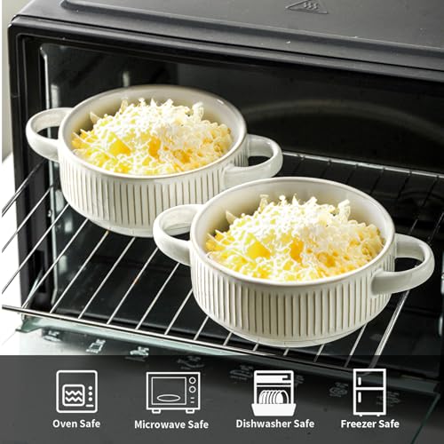 Soup Bowls with Handles, 23 oz French Onion Soup Crocks, Stackable Soup Bowl Oven Safe for Chili, Beef Stew, Embossment Ceramic Bowl Set - 5.4 Inch, Set of 4,Blue - color: White
