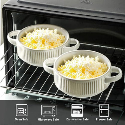 Soup Bowls with Handles, 23 oz French Onion Soup Crocks, Stackable Soup Bowl Oven Safe for Chili, Beef Stew, Embossment Ceramic Bowl Set - 5.4 Inch, Set of 4,Blue - color: White