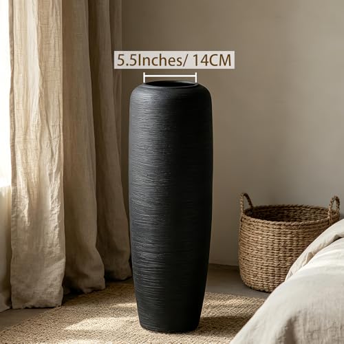 Black Rustic Ceramic Floor Vase, 24 Inch, Ribbed Texture | Living Room, Entryway, Fireplace, Pampas Grass, Dried Branches - size: 23.6 Inch