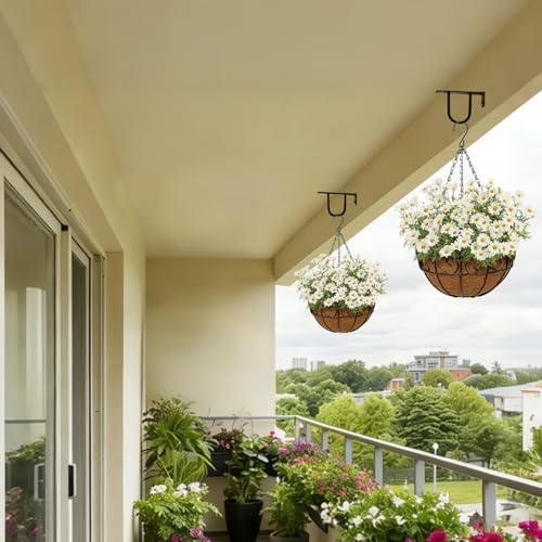 2 Pack 10 inch Metal Hanging Baskets for Plants, Round Metal Wire Hanging Basket Planter with Coco Fiber Liners Chain for Garden Home Porch Patio, Flower Border - size: 10" x 2 Pack, style: Flower Border