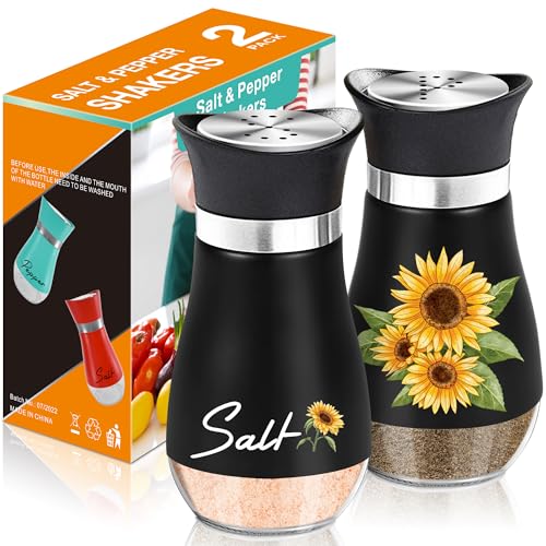 Black Sunflower Salt and Pepper Shakers - 4 oz Farmhouse Kitchen Set | Sunflower Design Adds Farmhouse Charm to Kitchen Tables and Holiday Decor for Housewarming, Thanksgiving and Christmas. - color: Black Sunflower