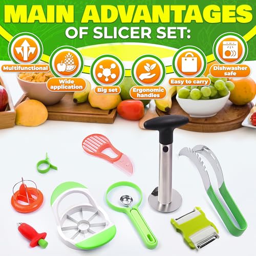 9 Pcs Fruit Slicer Set – Pineapple Corer and Slicer, Watermelon Cutter, Strawberry Huller, Apple Cutter, Avocado, Kiwi Tool and More – Stainless Steel Fruit Cutting Tools for Summer Parties and BBQs