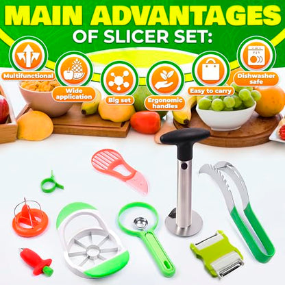 9 Pcs Fruit Slicer Set – Pineapple Corer and Slicer, Watermelon Cutter, Strawberry Huller, Apple Cutter, Avocado, Kiwi Tool and More – Stainless Steel Fruit Cutting Tools for Summer Parties and BBQs