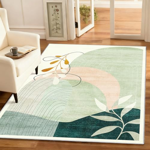 3x5 Rug Washable Area Rugs Low Pile Non Slip Mid Century Modern | Small Throw Carpet for Bedroom Entryway Living Room Office Bedside Entry Indoor Boho Abstract Retro Geometric Green - color: Green（modern）, size: 3' x 5' (Rectangular)