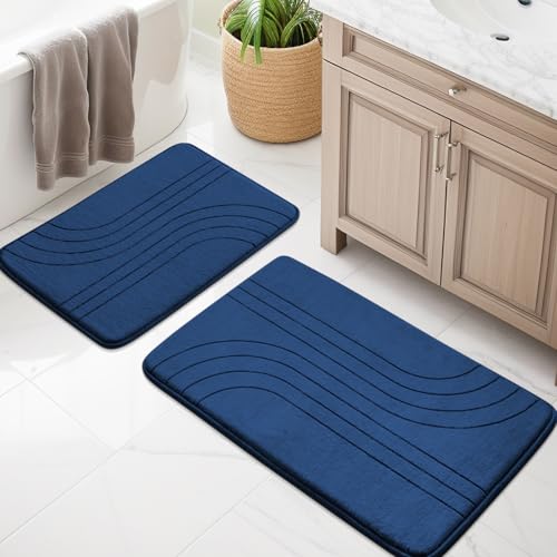 Navy Blue Bathroom Rug Set 2 Pieces, Soft Non Slip Bathroom Mat Sets 3 Piece, Extra Thick Memory Foam Bath Mats for Bath Room, Machine Washable Bath Rug Set for Tub, Toilet and Floor - color: Blue-2, size: 2 PC