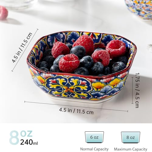 HENXFEN LEAD Boho Ceramic Dipping & Snack Bowls Set of 6, 8 oz Square Bowls | Assorted Patterns, Ideal for Desserts, Side Dishes, Salsa, Fruit, Nuts & Appetizers, Microwave & Dishwasher Safe - size: 8 Oz