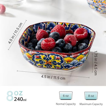 HENXFEN LEAD Boho Ceramic Dipping & Snack Bowls Set of 6, 8 oz Square Bowls | Assorted Patterns, Ideal for Desserts, Side Dishes, Salsa, Fruit, Nuts & Appetizers, Microwave & Dishwasher Safe - size: 8 Oz