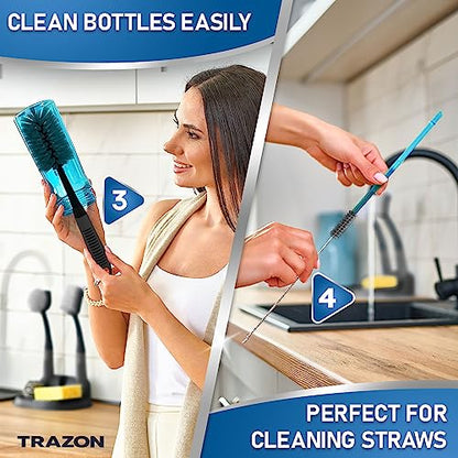 Dish Brush Set of 5 with Holder - Kitchen Scrub Brushes with Non-Slip Long Handle for Cleaning, Scrubber, Dishwashing, Dishes, Bottles, Straws, Cups, Pots & Sink, Black - color: Black