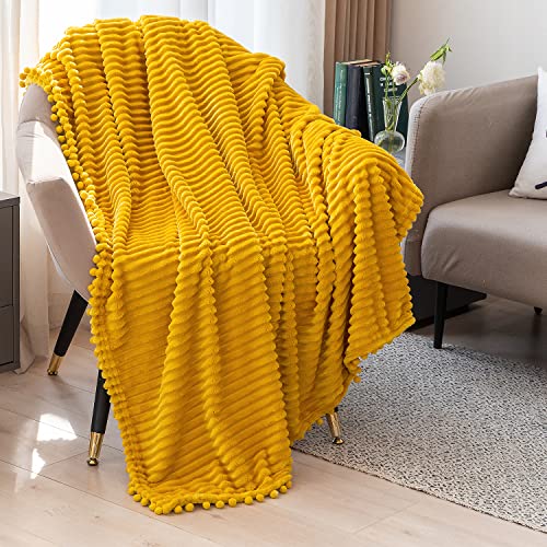 DISSA Fleece Blanket Twin Size – 60x80, Yellow - Soft, Plush, Fluffy, Fuzzy, Warm, Cozy – Perfect Throw for Couch, Bed, Sofa - with Pompom Fringe - Flannel Blanket - color: Yellow, size: 60x80"
