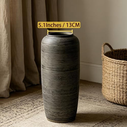 Brown Rustic Ceramic Floor Vase, 15.7 Inch, Ribbed Texture | Living Room, Entryway, Fireplace, Pampas Grass, Dried Branches - size: 15.7 Inch
