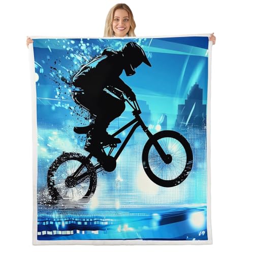Boys Bmx Blanket Throw Bicycle Motocross Racer Sherpa Blanket Motorcycle Dirt Bike Fleece Blanket For Kids Teen Young Man Extreme Speed Sports Vehicle Fuzzy Blanket Sofa Decor Throw 50"x60" Blue Green - size: Throw( 50"x60")