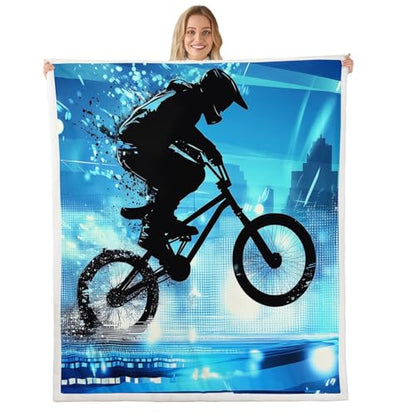 Boys Bmx Blanket Throw Bicycle Motocross Racer Sherpa Blanket Motorcycle Dirt Bike Fleece Blanket For Kids Teen Young Man Extreme Speed Sports Vehicle Fuzzy Blanket Sofa Decor Throw 50"x60" Blue Green - size: Throw( 50"x60")