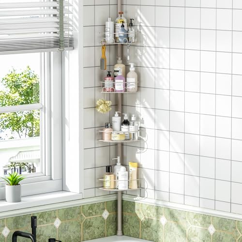 Urackify Corner Shower Caddy Tension Pole 4 Tier Shower Organizer, Sliver | No-Drill Design, with Hidden Hook &Towel Holder, 63.7"-119"H, Rustproof Steel, Easy to Install, Each Shelf Holds 11 lbs - color: Sliver