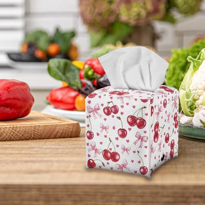 Cherry Heart Tissue Box Covers Leather PU Facial Paper Organizers Dispenser Foldable Square Facial Tissue Case for Tabletop Bathroom Night Stand - color: Cherry Heart