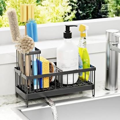 Sponge Holder for Kitchen Sink - Sink Caddy with Brush Holder Auto Draining Sponge Caddy Organizer with Divider Stainless Steel Kitchen Accessories Storage for Countertop