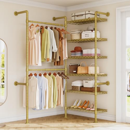 L2 Wall Mounted Closet System, Industrial Pipe Clothing Rack, Gold | Metal Clothes Rack with 2 Telescopic Rods & 6 Shelves, Heavy Duty Closet Organizers for Wardrobe, Reach-in & Walk-in Closets - color: Gold