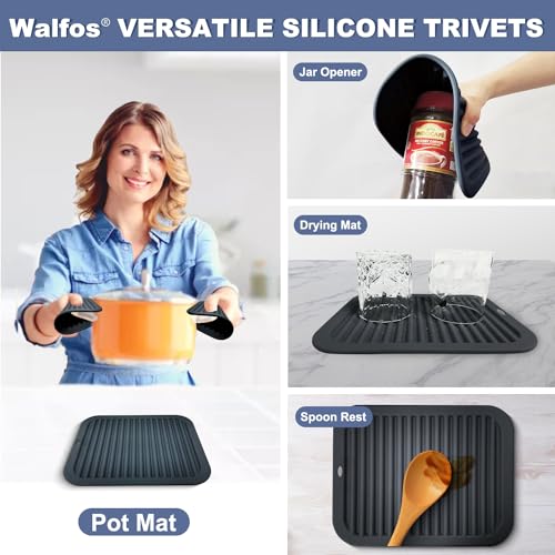 Walfos Silicone Trivets for Hot Pots and Pans - 446°F Heat Resistant Hot Pads for Kitchen Counter- 4 Pcs Multi-Purpose & Versatile Trivet Mat - Long-Lasting & Flexible Silicone Hot Pad（Black） - style: 9x12in, 4 Black Rectangle