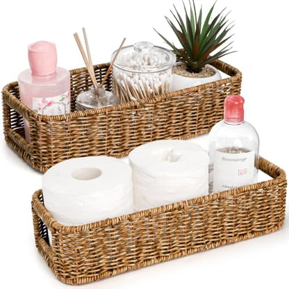 ZAVOOS 2 Pack Toilet Tank Basket with Handwoven Built-in Handle | Rectangular Wicker Shelf Baskets for Organizing, Countertop Storage Bin for Bathroom Tank Top, Bedroom Closet