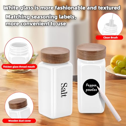 6Pcs 4 oz Square Glass Spice Jars with Label, Empty Spice Containers with Wooden Lids, Square Seasoning Containers and Supplement Set, Small Seasoning Bottles for Salt, Sugar, Pepper (White) - color: White