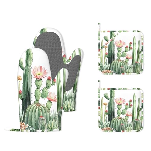 Cactus Succulent Greenery Flower Heat-Resistant Silicone Oven Mitts and Pot Holder 4 Piece Set,Non-Slip Kitchen Oven Gloves for Baking, BBQ, Cooking,Grilling - color: Cactus Succulent Greenery Flower