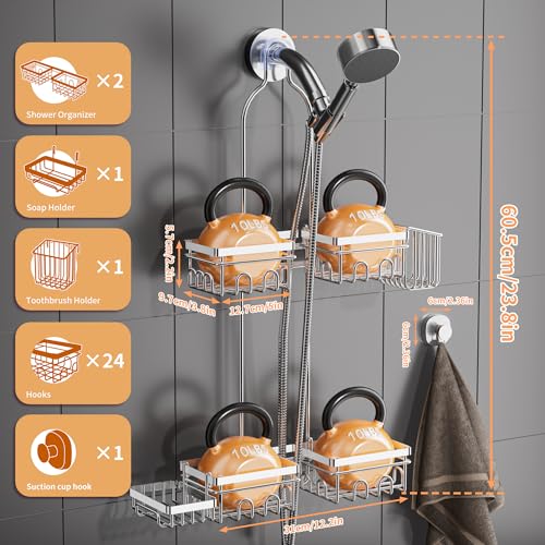 DAOYA Shower Caddy Hanging - Over Shower Head Caddy, 0.82 inch Universal with 2 Shelves, Soap Holder, Toothbrush Holder & Reusable Suction Hook, Complete Silver Bath Organizer Set