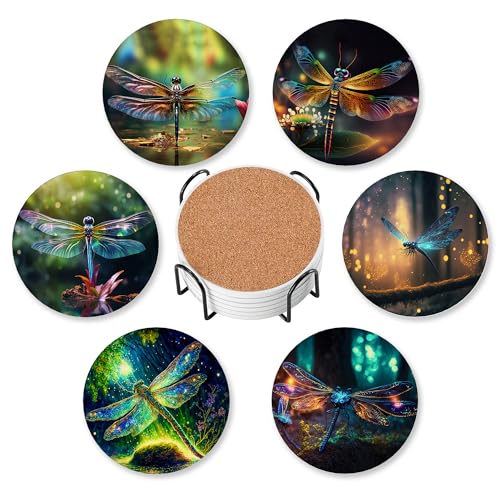 6 Pcs Drink Coasters with Holder,Fantastic Dragonfly Forest Absorbent Round Ceramic Coaster for Tabletop Protection,for Coffee Cup Beverage Coasters Wine Beer Bar - color: Fantastic Dragonfly Forest