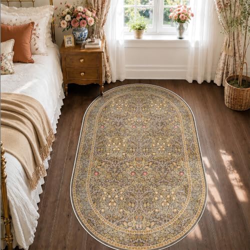 Brown Washable 3x5 Oval Bedroom Bedside Rugs, Small Oval Area Rugs for Entryway, Bathroom, Kitchen, Reading Corner, Laundry Room, Mudroom, Non-Slip Stain Resistant Low Pile Throw Rug Indoor Door Mat - color: Gold Brown, size: 3' x 5' (Oval)