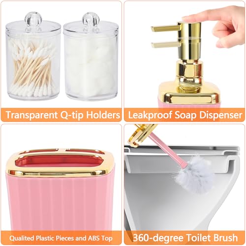 9 PCS Pink Bathroom Accessories Set with Trash Can Bathroom Accessory | All-in-One Kit with Trash Can,Toothbrush Holder,Soap Dispenser,Toothbrush Cup,Vanity Tray,Soap Dish,Toilet Brush etc for Home - color: Pink