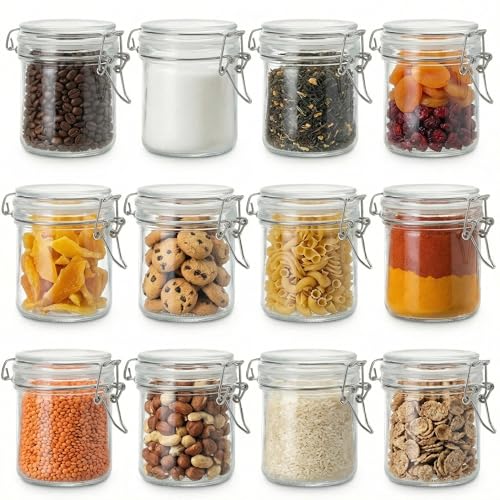 Small Glass Jars with Lids 8 oz, Airtight Clamp Lid Glass Storage Jars, Thick Lead-Free Glass Containers for Pantry Organization, Jam, Yogurt, Overnight Oats, Food Storage - size: 8 fl oz x 12 - Cylinder