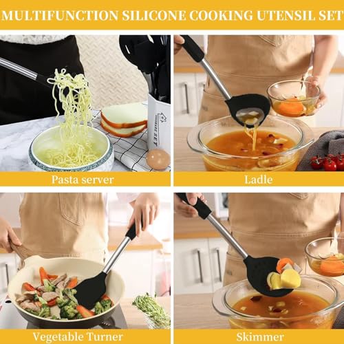 Silicone Kitchen Cooking Utensils Set with Stainless Steel Handle, Spatula Set Utensil Set, Cooking Utensil Set,Kitchen Tools Gadgets for Nonstick Cookware (35, Black) - color: Black