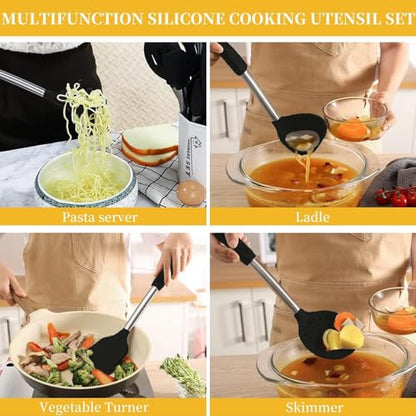 Silicone Kitchen Cooking Utensils Set with Stainless Steel Handle, Spatula Set Utensil Set, Cooking Utensil Set,Kitchen Tools Gadgets for Nonstick Cookware (35, Black) - color: Black