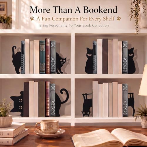 8 Pcs Black Cat Metal Bookends Set of 4 Cute Book Ends for Shelves Decorative Bookshelf Home Office Desk Bookshelf Decor Gift for Cat Lovers and Reading Enthusiasts - style: Various Cats