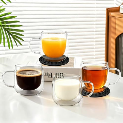 Glass Coffee Mugs Set Of 4, 10oz Double Walled Insulated Glass Mugs with Handle and Coaster, Heat Resistant Borosilicate Clear Glass Cups for Espresso Latte Cappuccino, Tea Bag, Beverage - size: 4 Pack+4 Coasters