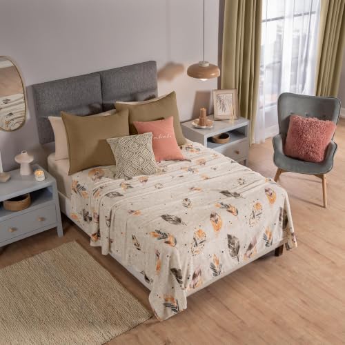 Vianney Feathers King Size Lightweight Fleece Blanket Cream with Grey and Coral Feather Pattern Soft Cozy Throw for Couch or Bed Year-Round Comfort - color: Cream, size: Queen / Full-Queen