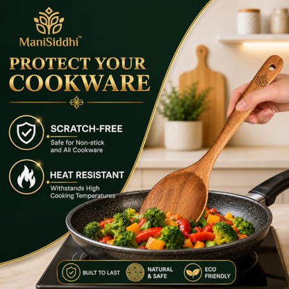 Teak Wood Cooking Utensil Set 8 Piece, Home essentials cookware set,Kitchen Utensils with Holder Wooden Spoons & Spatula for Cooking Nonstick Cookware,Safe, Non Toxic, Handcrafted