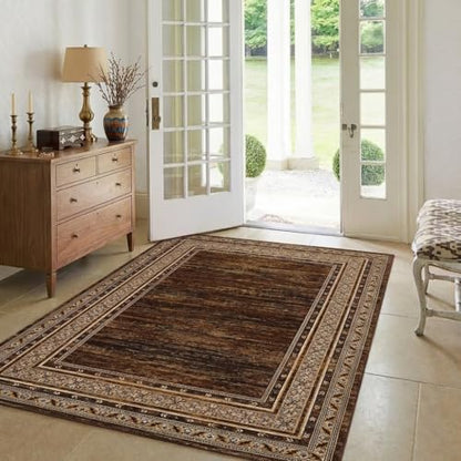 Modern Solid Area Rug 5x7 Washable Non Slip Neutral Rugs for Living Room, Non-Shedding Stain Resistant Bordered Throw Carpet, Foldable Floor Rugs for Bedroom Dining Table, Red Brown | Non Slip Neutral Border Non Shedding Stain Resistant Low Pile Foldable