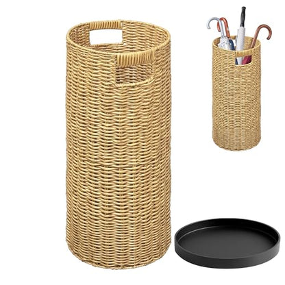 Rattan Umbrella Holder 21" H X 10" D, Handmade Wicker Umbrella Stand Indoor with Dip Tray, Sturdy Umbrella Holders for Entryway, Umbrella Bucket Fits Mudroom,Walking Canes,Home,Office (Oak) - color: Oak