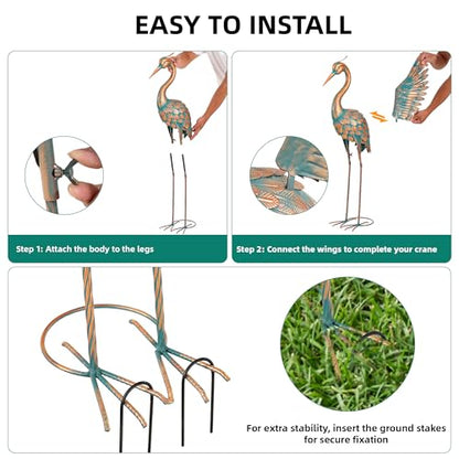 36.8" Metal Crane Garden Statue, Extra-Large Heron Yard Art | Handcrafted Blue Heron with U-ground Stakes for Stability. Weatherproof Iron Bird Art for Backyard, Lawn, Pond, or Patio. - color: 36" -Weathered Copper Blue
