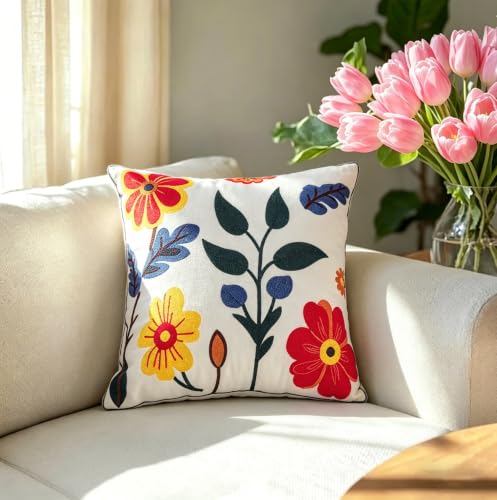 Red Embroidered Throw Pillow Covers Floral Bohu 18x18 Inch | Colorful Pillowcase Decorative For Sofa Couch Living Room Bedroom - color: Floral-red