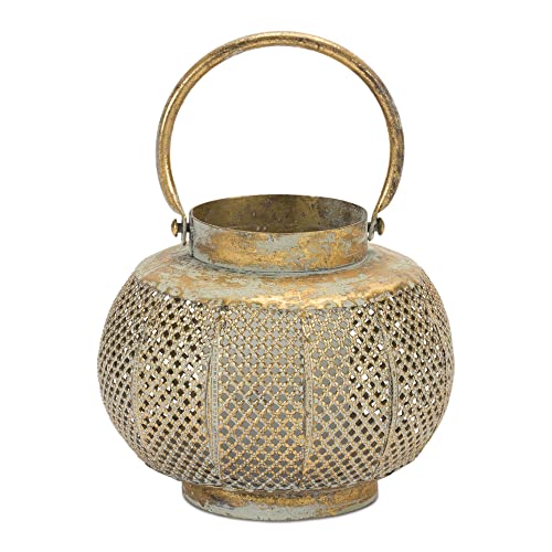 Melrose International Distressed Punched Metal Lantern - Copper Green Finish Indoor Candle Holder Decor 7.5 inch
