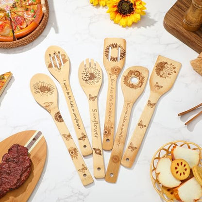 7 Pcs Sunflower Kitchen Utensils Set Bamboo Spoons for Cooking with Utensils Holder Sunflower Kitchen Decor Cute Utensil Caddy Farmhouse Kitchen Counter Decor for Countertop