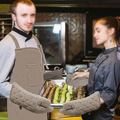 Oven Mitts and Pot Holders with Cooking Apron Set of 5, Heat Resistant Kitchen Gloves and Silicone Non-Slip Potholders, Adjustable Neck Buckle Chef Apron, Cotton Nice Design for Cooking (Coffee) - color: Coffee